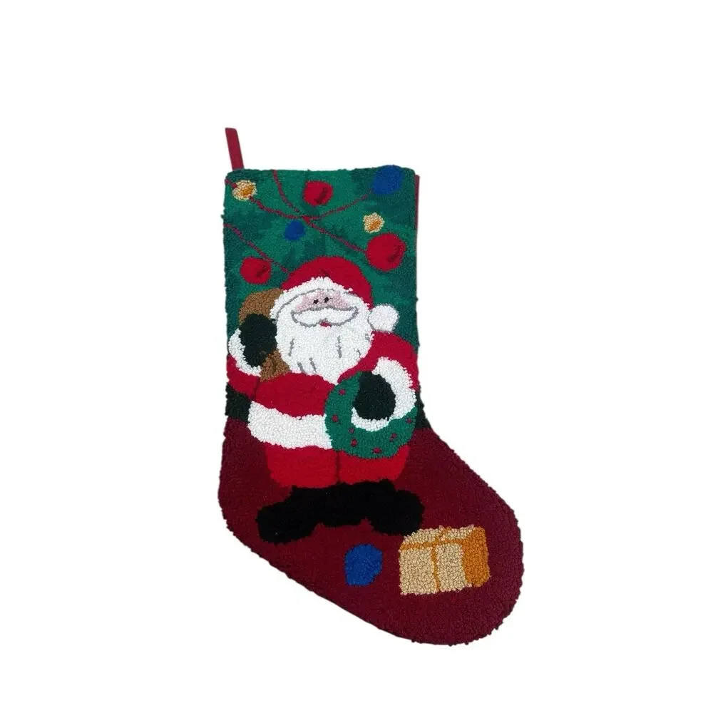 Vintage Hooked Christmas Stocking Santa Claus Wreath Gift Red Green Holiday